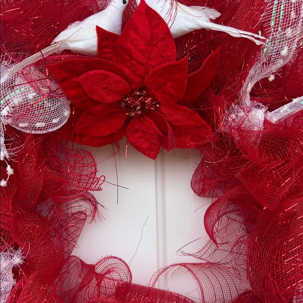 Elegant Red and White Holiday Wreath with Poinsettia